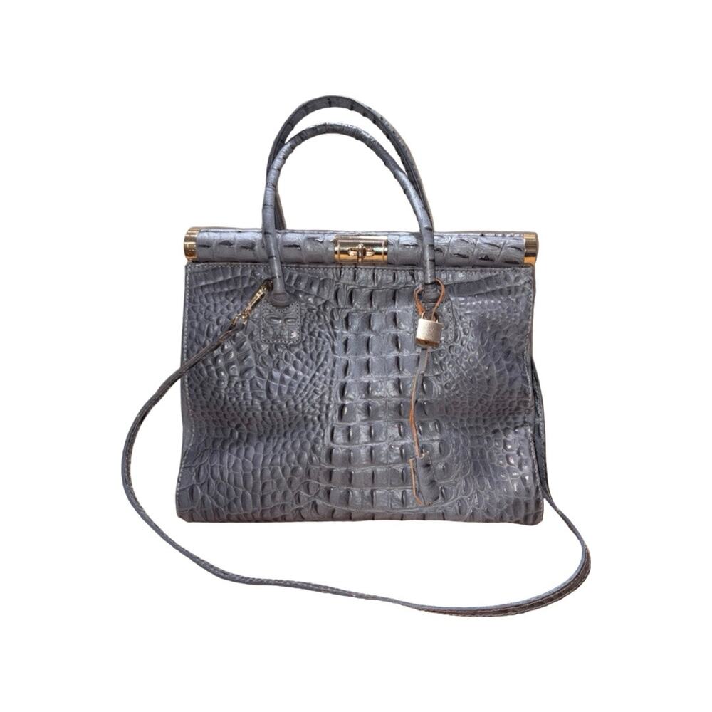 Made in Italy Gray Croc-Embossed Genuine Leather Satchel Bag